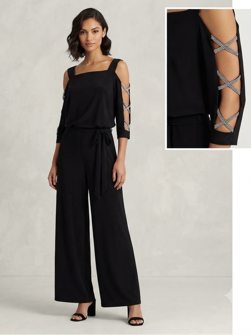 S. Levine Women’s XL Black Stretchy Belted Rhinestone Embellished Jumpsuit